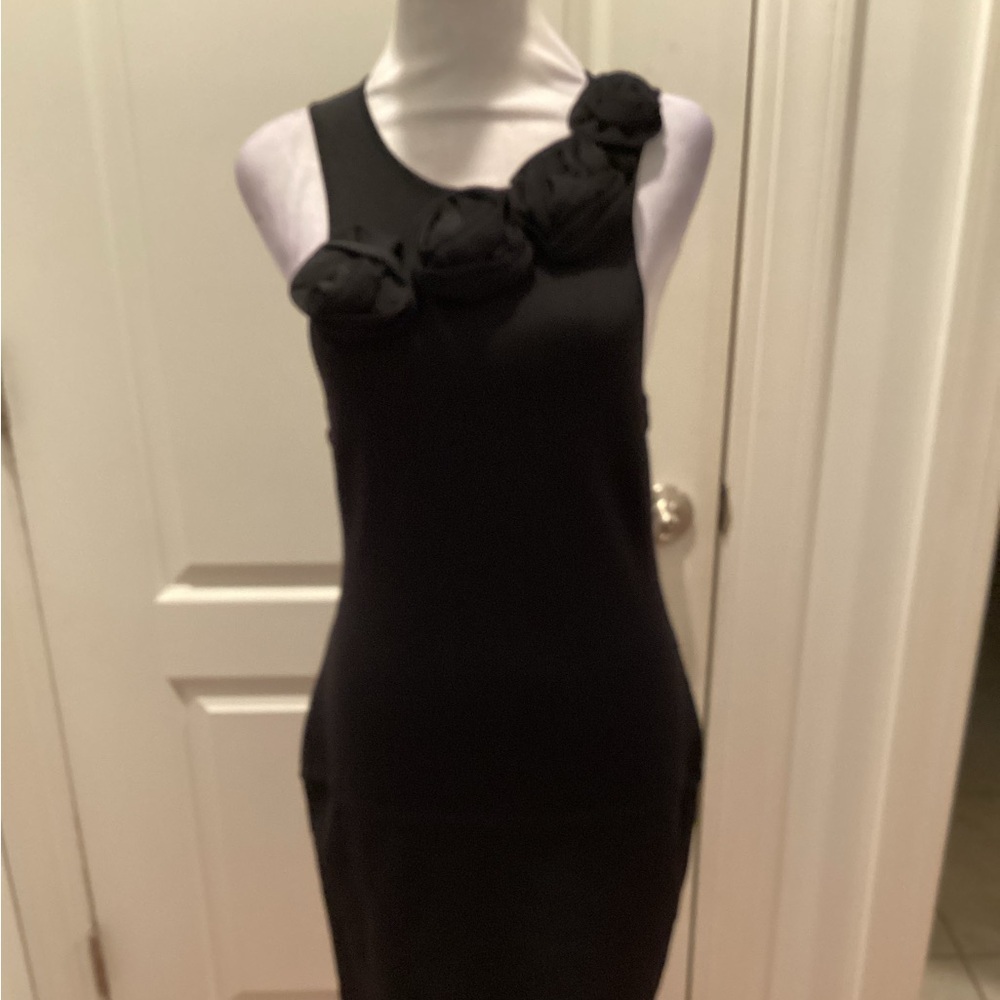 Women's Black Sleeveless Dress with Floral Appliqué Bows At Neck
